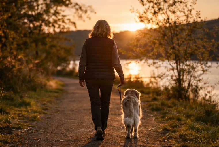 Connection continues beyond loss person walking a dog along a peaceful path in soft natural light