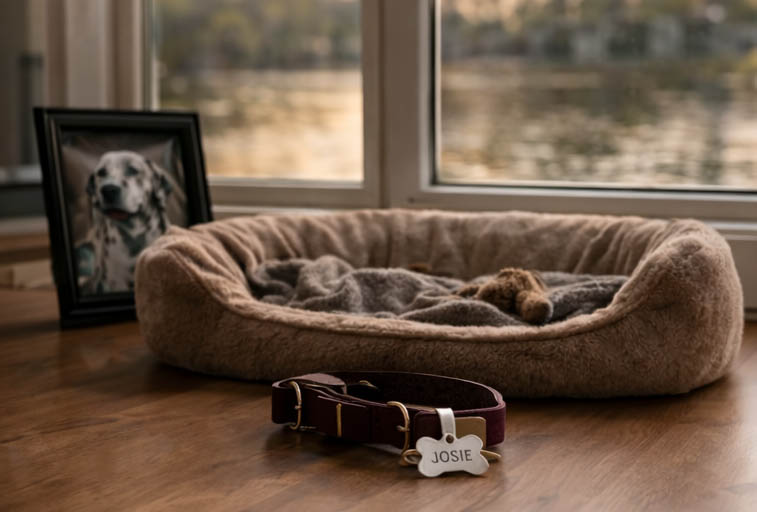 A quiet moment of loss empty dog bed by a window in soft light symbolizing loss and remembrance